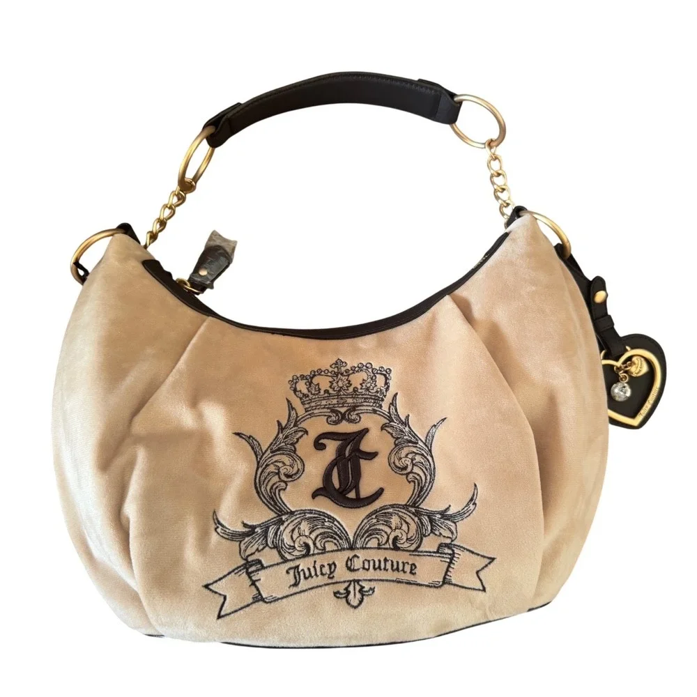 Juicy Couture Need More Juicy Cream Chocolate Hobo‎ Gothic JC Logo Heart Charm